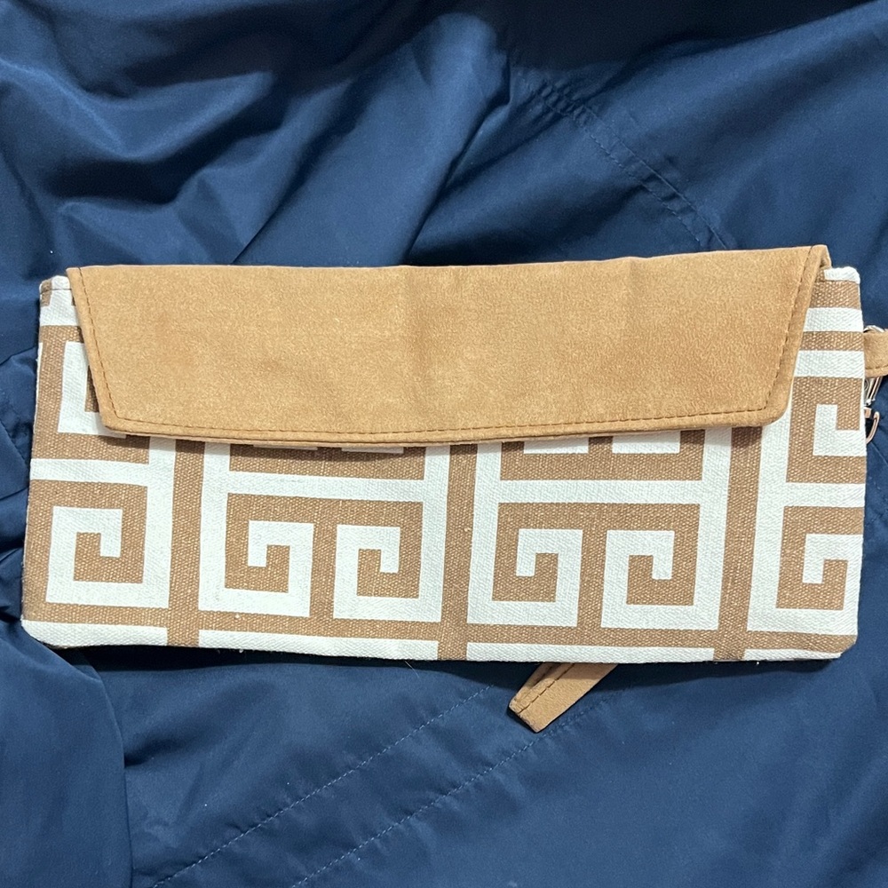 Style & Co. Tan and White Geometric Fold-Over Cosmetic Clutch